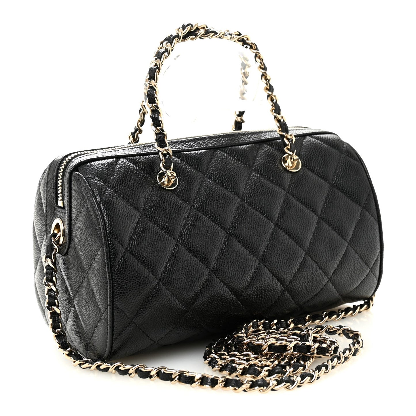 Caviar Quilted Barrel Clutch With Chain Black