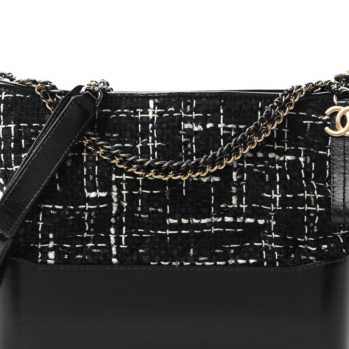Tweed Calfskin Quilted Medium Gabrielle Hobo Black White