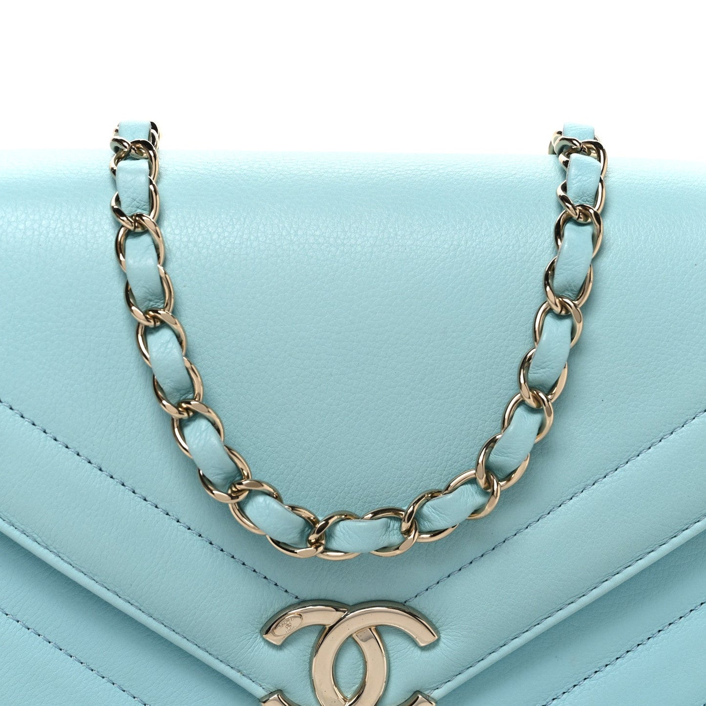Calfskin Quilted Chevron Envelope Flap Turquoise