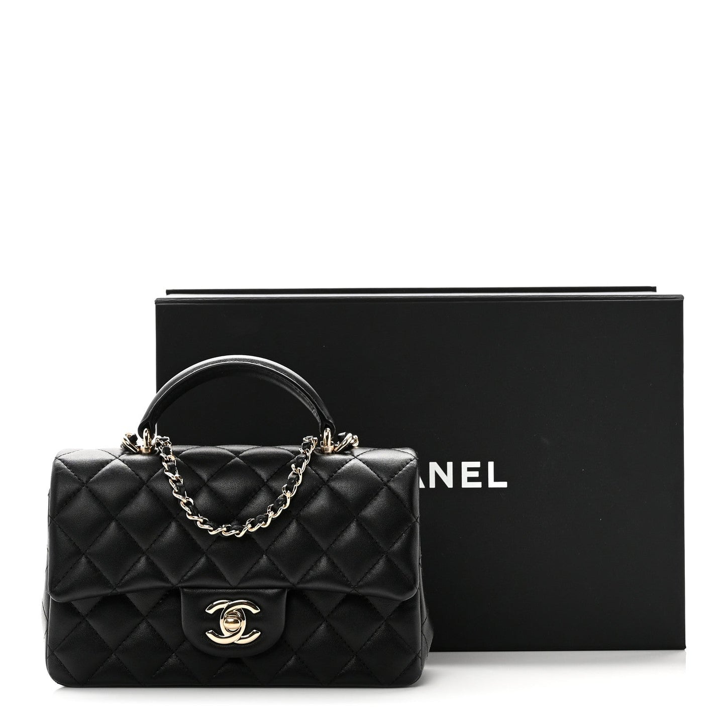 Lambskin Quilted Mini Top Handle Rectangular Flap Black