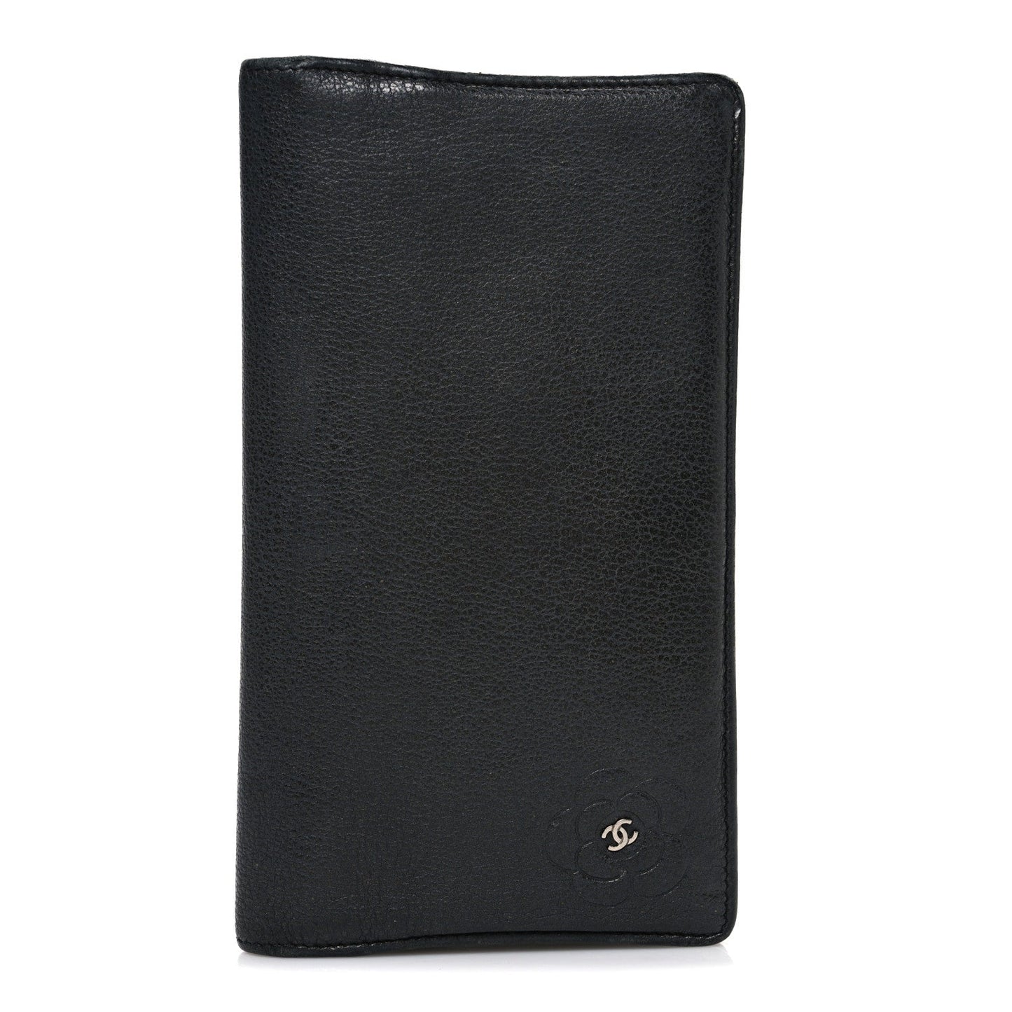 Goatskin Camellia Embossed Yen Wallet Black