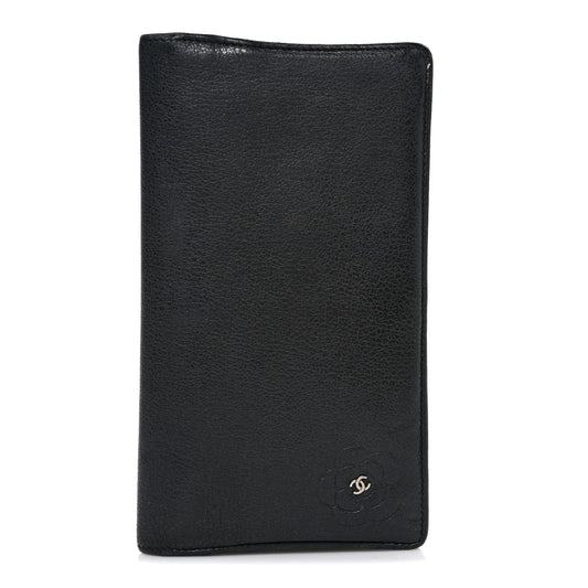 Goatskin Camellia Embossed Yen Wallet Black