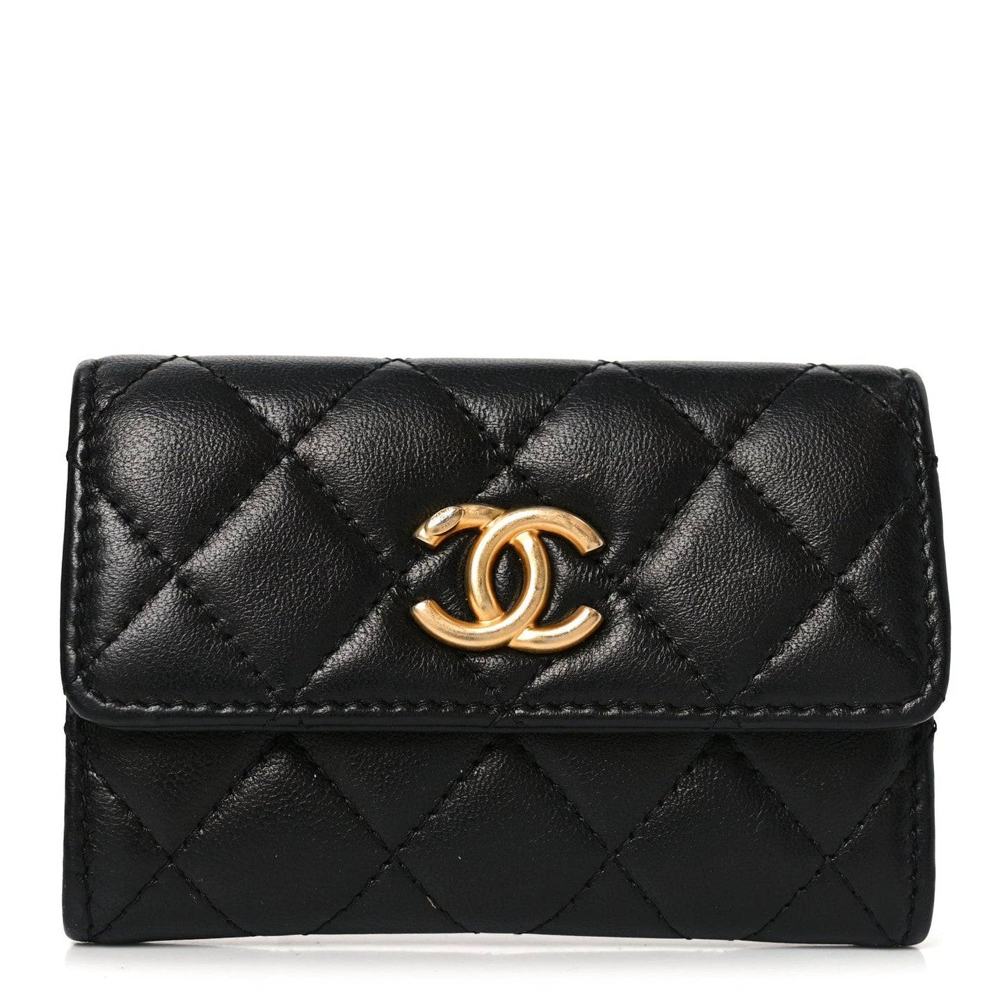 Lambskin Quilted Flap Card Holder Black