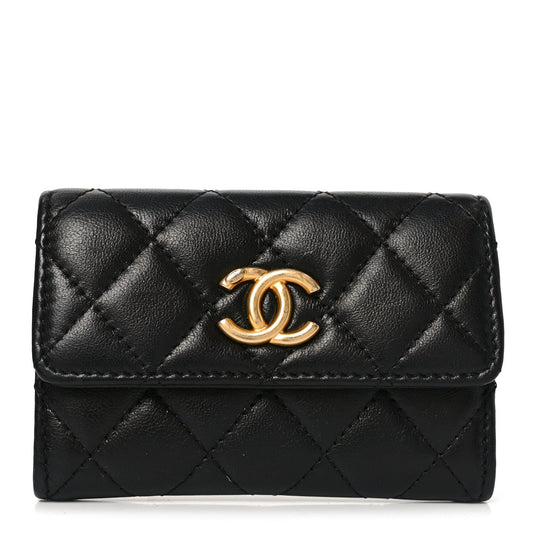 Lambskin Quilted Flap Card Holder Black