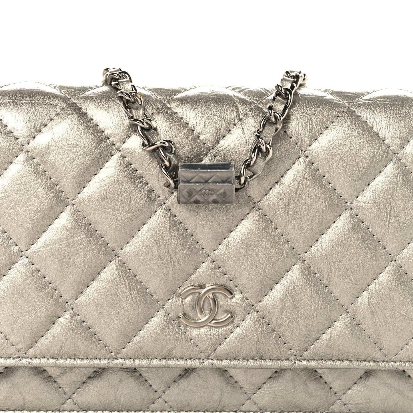 Metallic Crumpled Calfskin Quilted Flap Charm Wallet On Chain WOC Silver