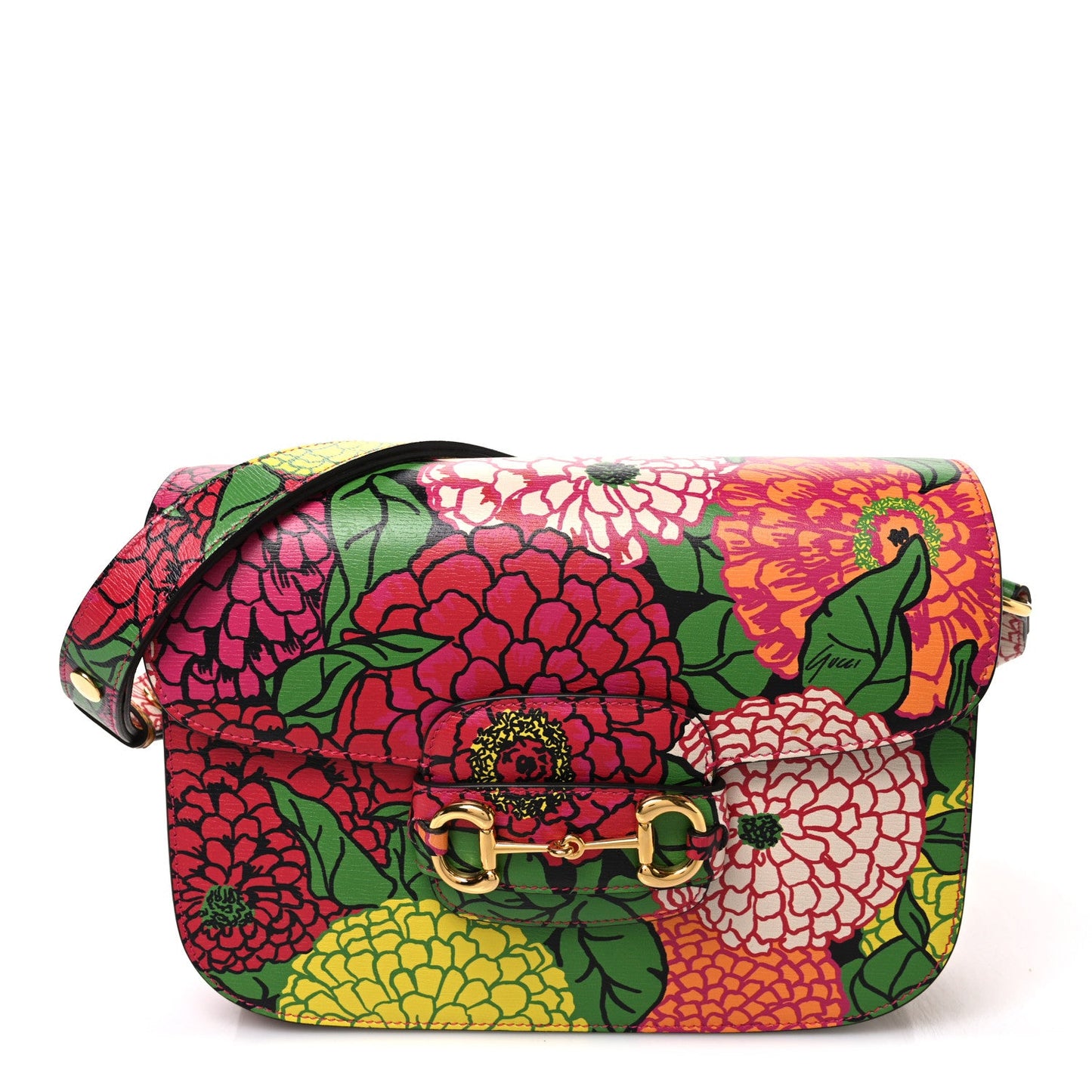 X KEN SCOTT New Shangai Calfskin Pomponica Print Horsebit 1955 Shoulder Bag Multicolor Fuxia Pompon