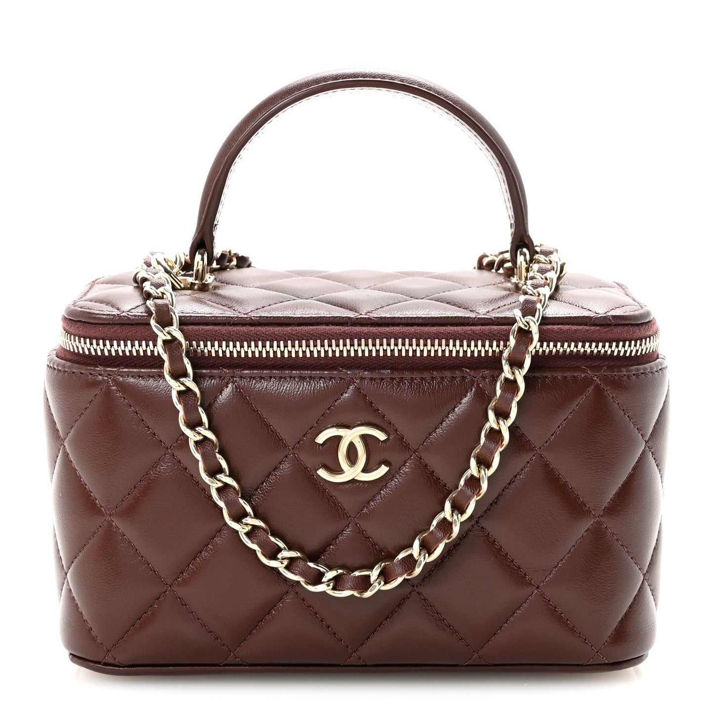 Lambskin Quilted Small Top Handle Vanity Case With Chain Dark Brown