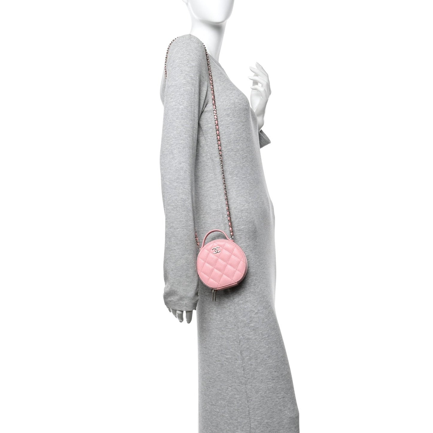 Caviar Quilted Round Handle With Care Vanity With Chain Pink