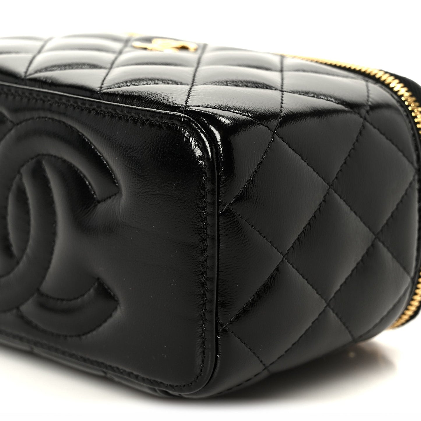 Shiny Lambskin Quilted Small Plexiglass Top Handle Vanity Case With Chain Black Tortoise