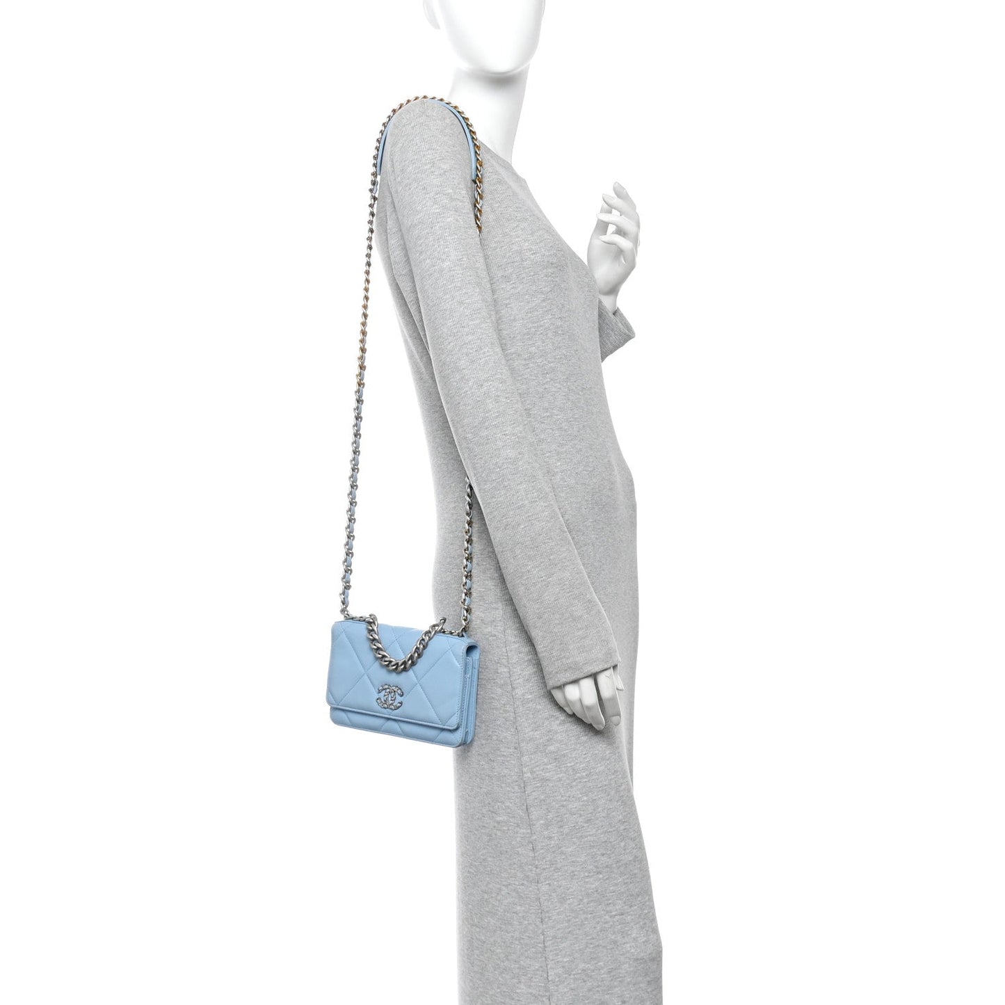Lambskin Quilted Chanel 19 Wallet On Chain WOC Light Blue