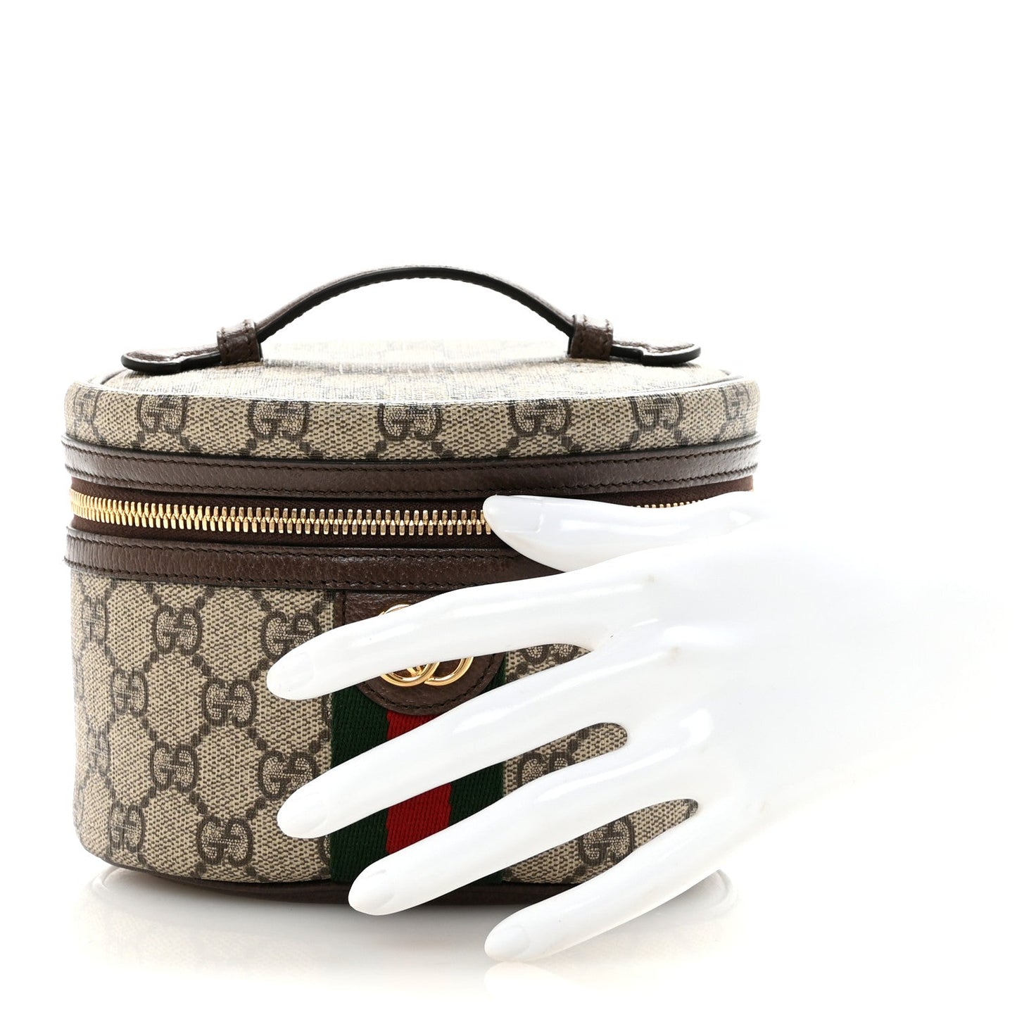 GG Supreme Monogram Textured Calfskin Web Ophidia Vanity Cosmetic Case Beige Ebony New Acero