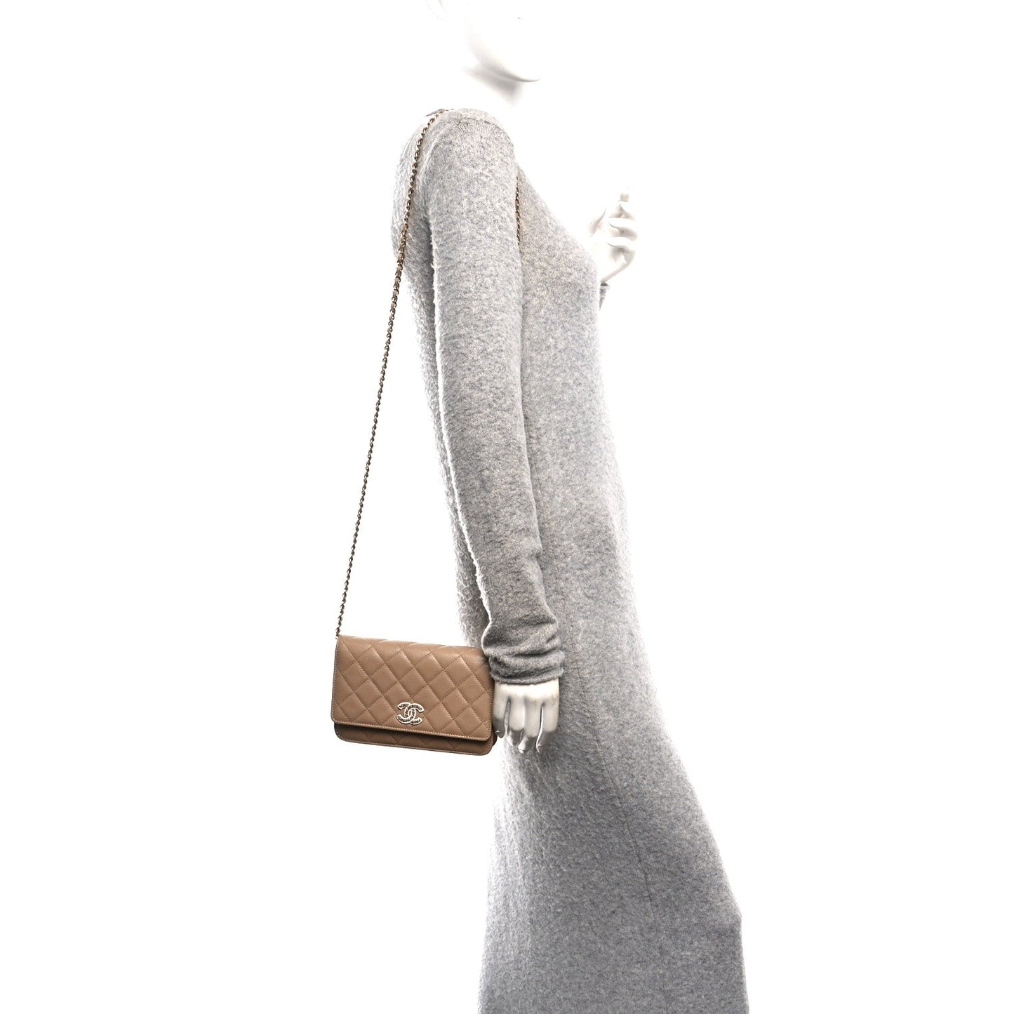 Caviar Quilted Crystal CC Wallet On Chain WOC Beige