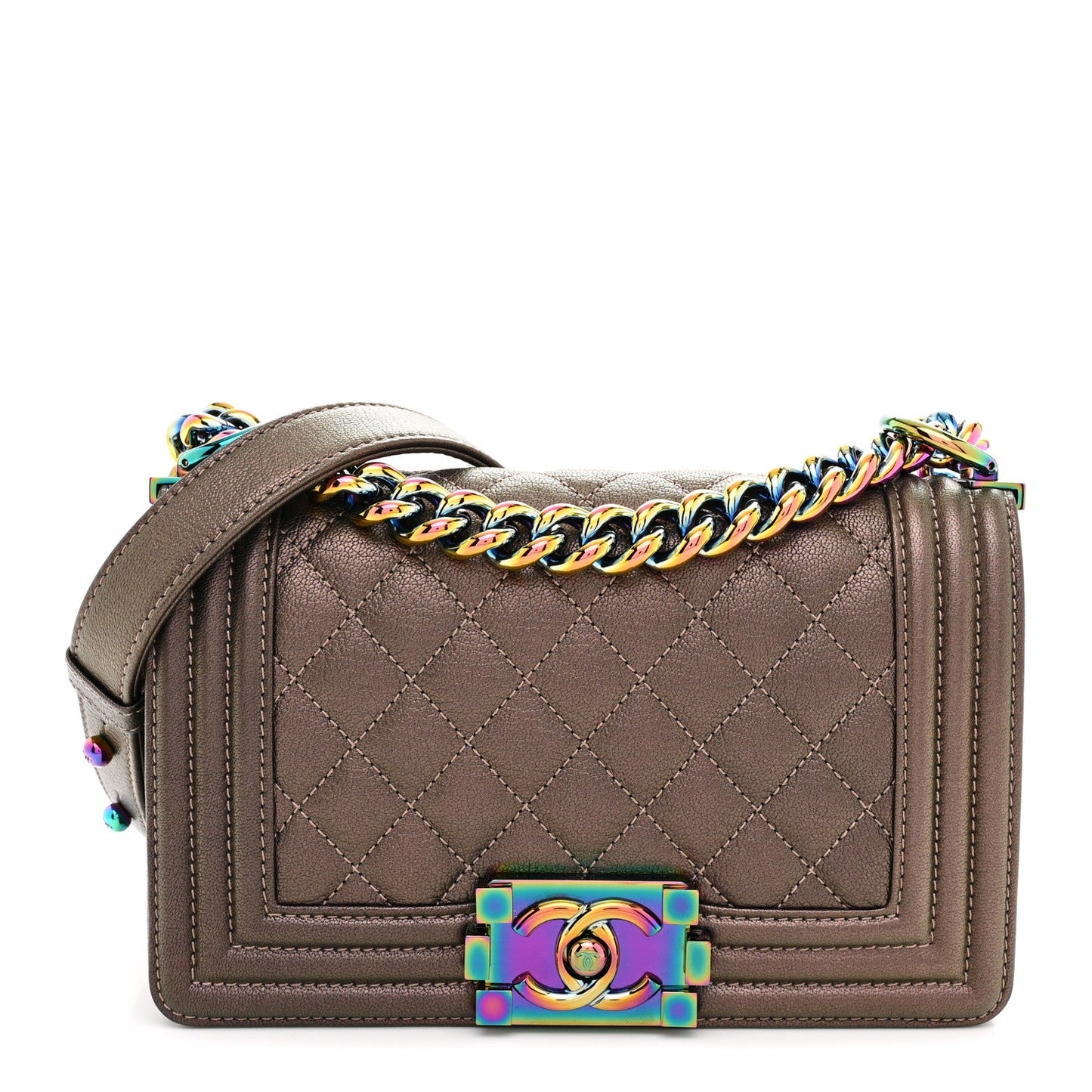 Iridescent Goatskin Quilted Small Boy Flap Dark Gold