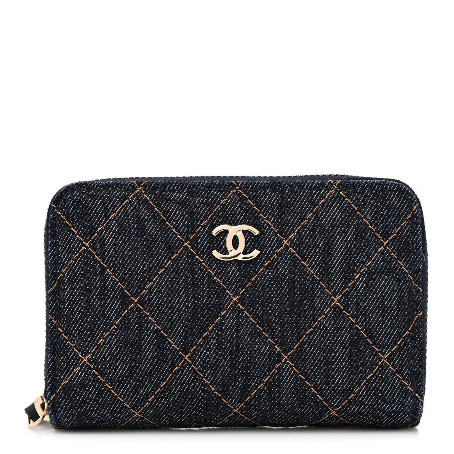 Denim Quilted Zip Coin Purse Dark Blue Orange