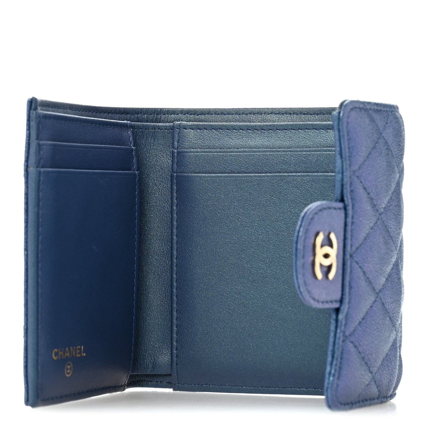 Iridescent Caviar Flap Quilted Card Holder Wallet Dark Blue