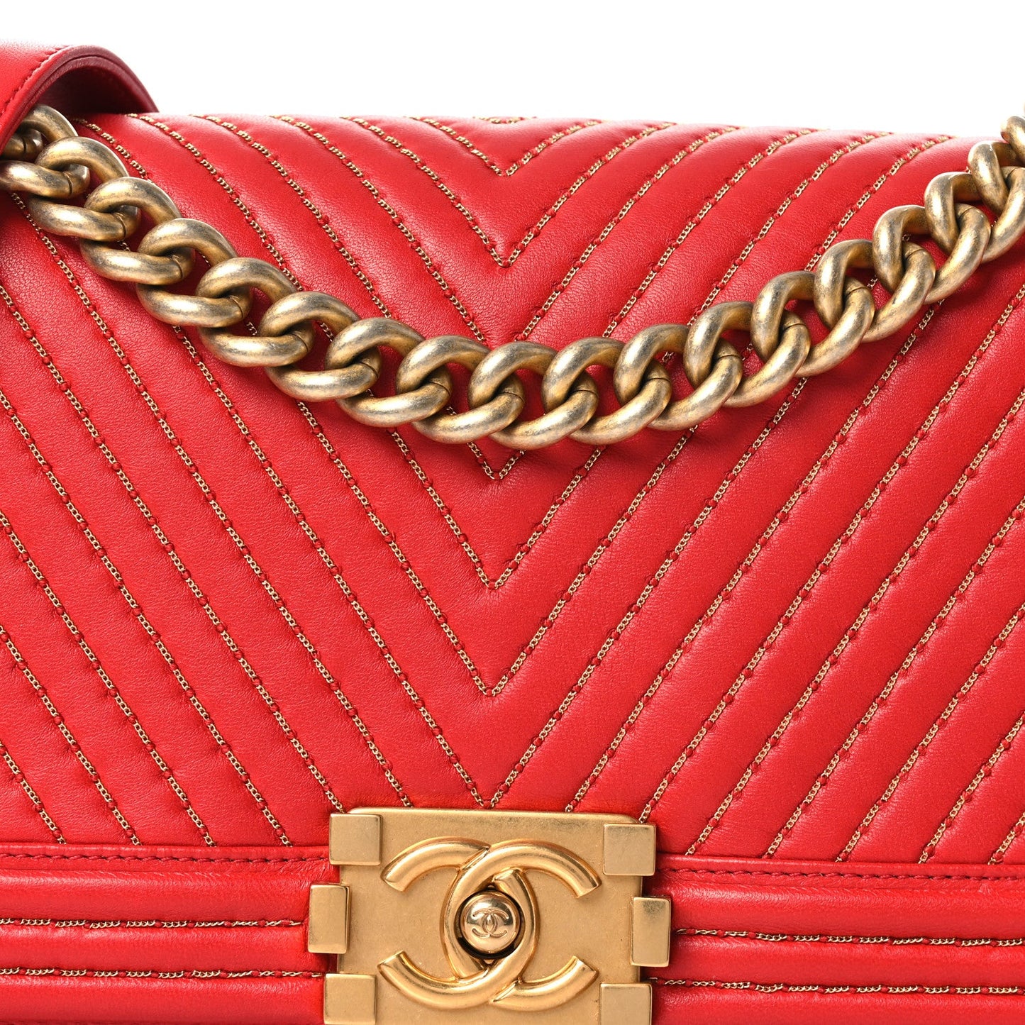 Lambskin Chevron Chain Stitched Medium Boy Flap Red