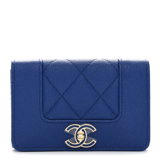 Caviar Chevron Quilted Vintage Mademoiselle Flap Card Holder Blue