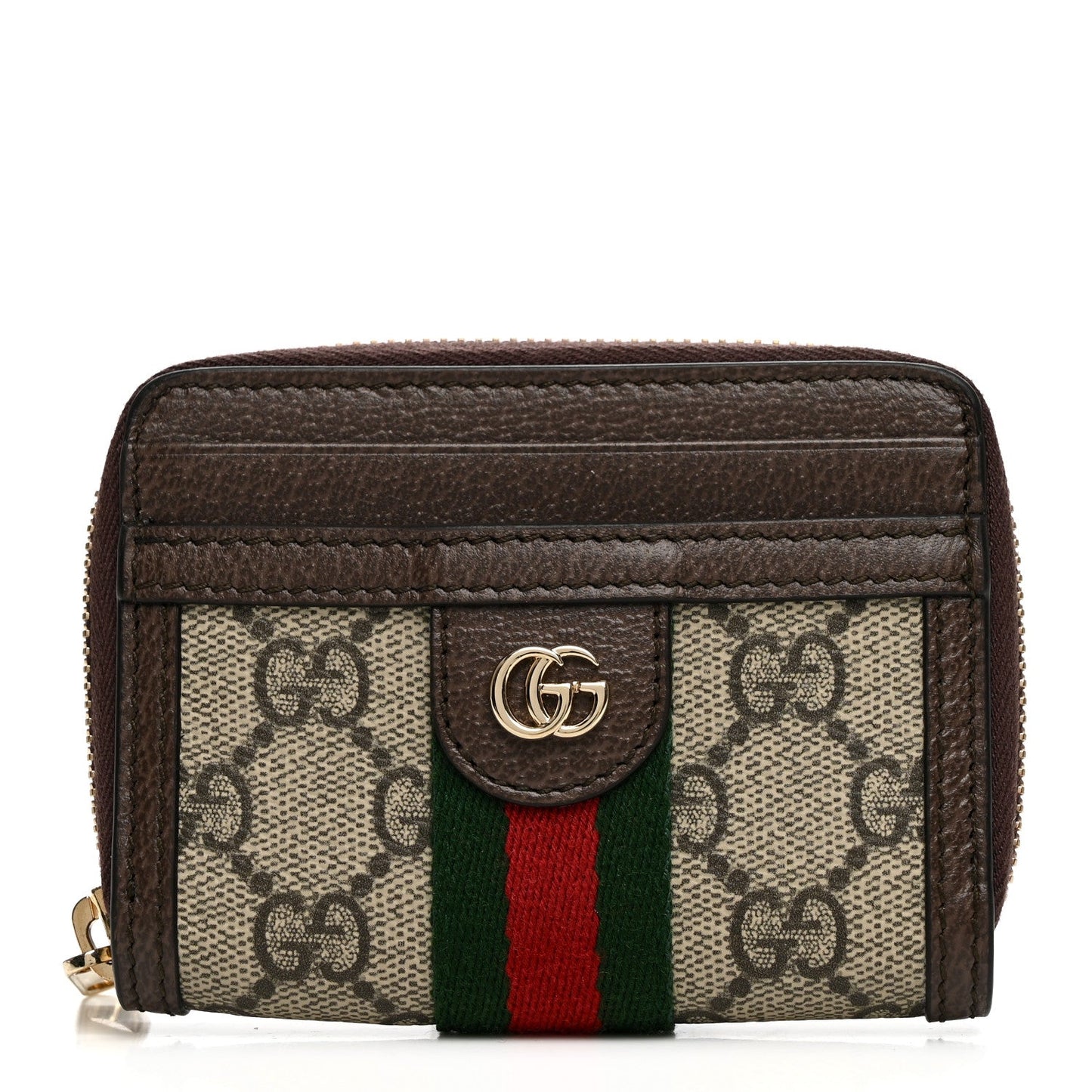 GG Supreme Monogram Textured Dollar Calfskin Web Ophidia Zip Around Card Case Wallet Beige Ebony New Acero