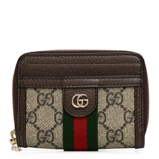 GG Supreme Monogram Textured Dollar Calfskin Web Ophidia Zip Around Card Case Wallet Beige Ebony New Acero