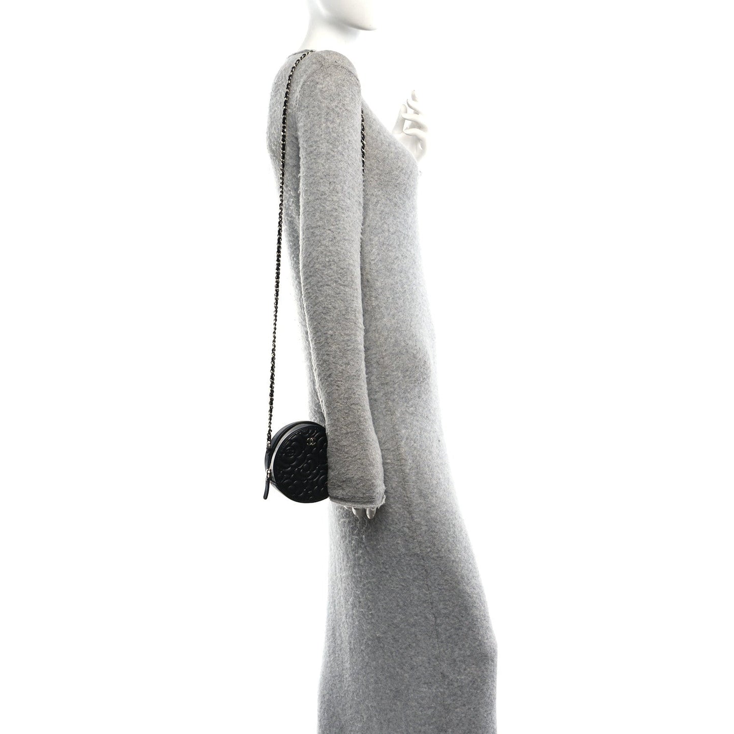 Goatskin Camellia Quilted Round Clutch With Chain Black