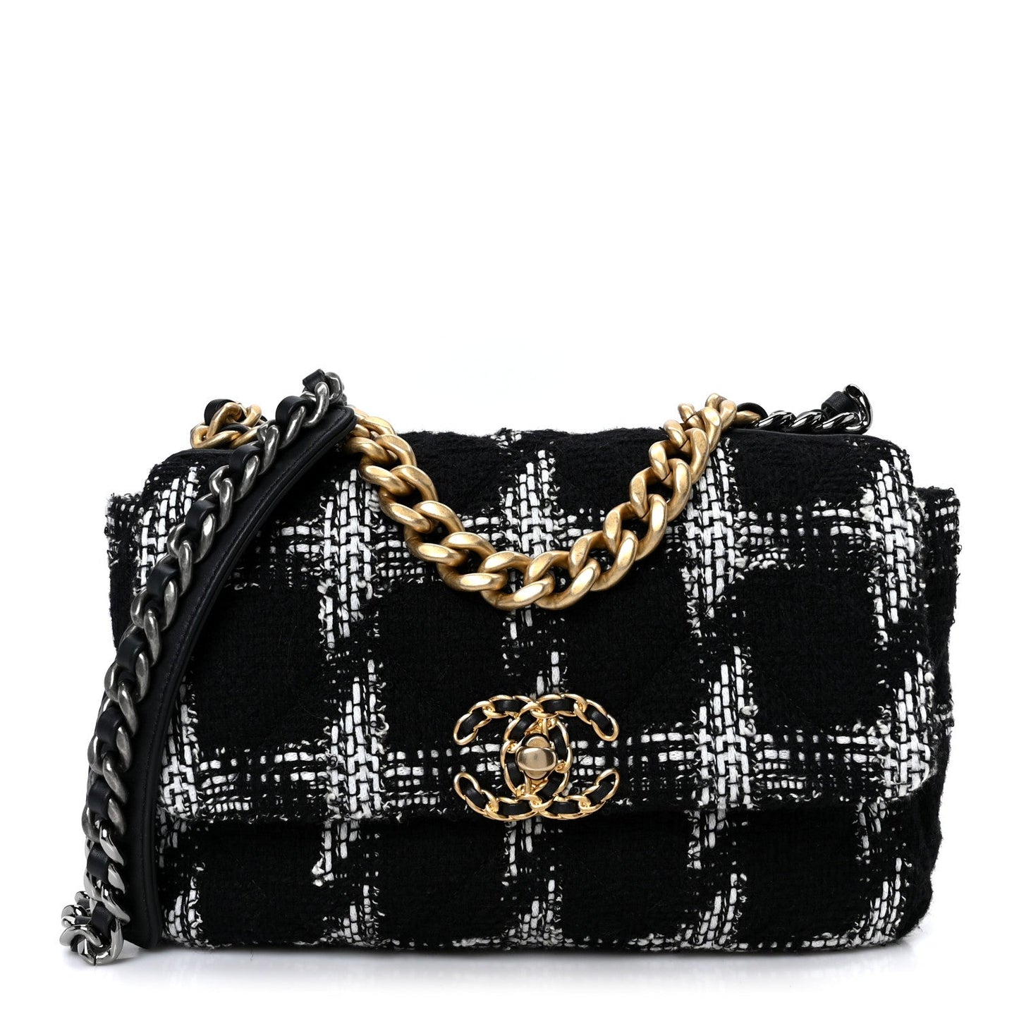 Tweed Quilted Medium Chanel 19 Flap Black White
