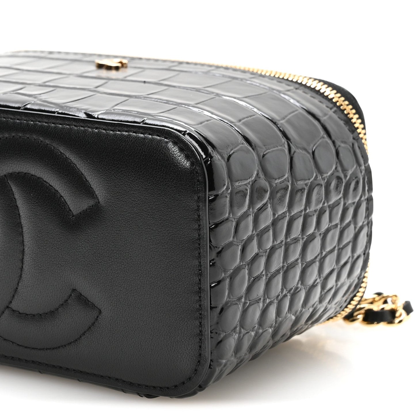Calfskin Crocodile Embossed Exoticoco Small Top Handle Vanity Case With Chain Black
