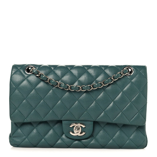 Caviar Quilted Medium Double Flap Green