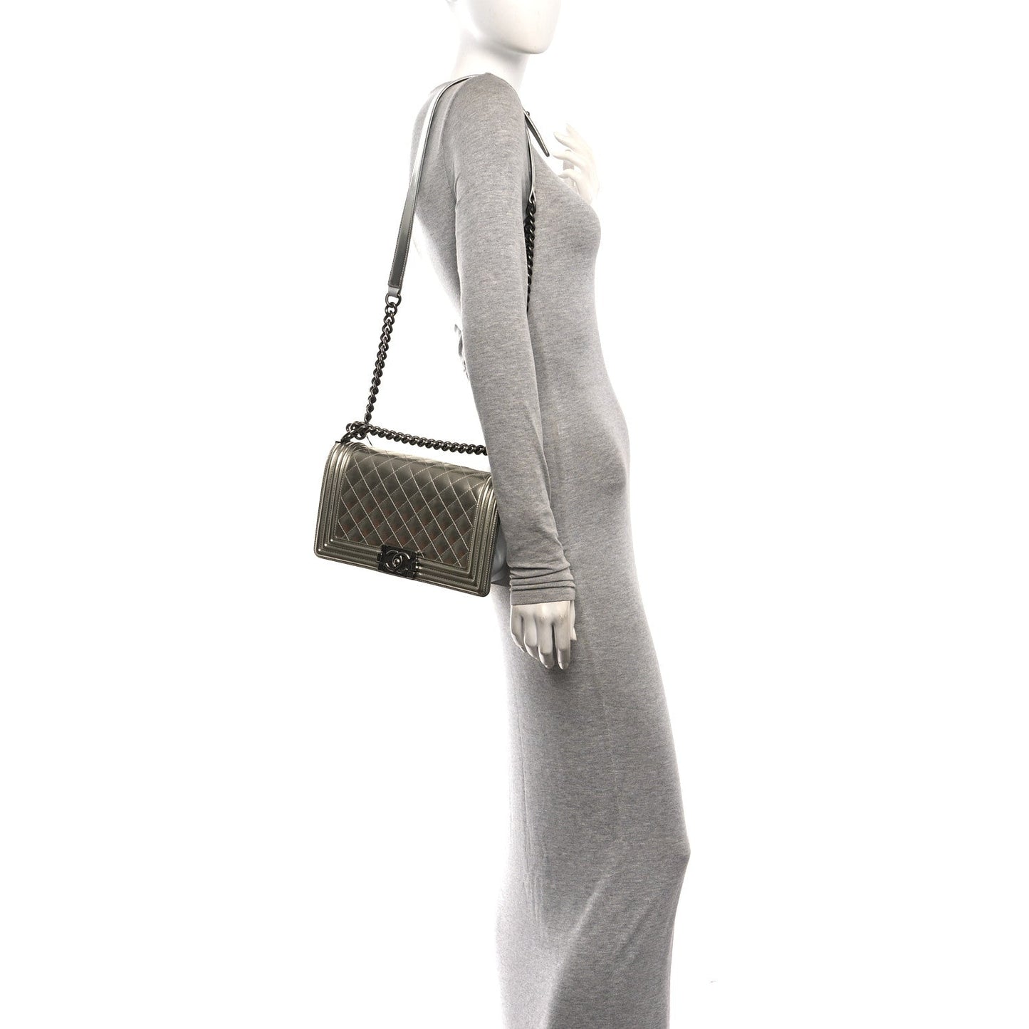 Metallic Patent Calfskin Quilted Medium Boy Flap Silver