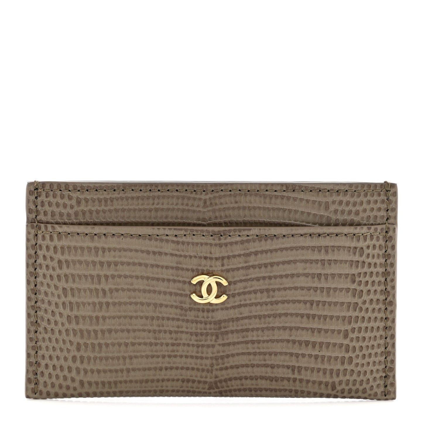 Calfskin Lizard Embossed Card Holder Gold Dark Khaki