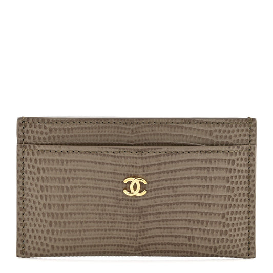 Calfskin Lizard Embossed Card Holder Gold Dark Khaki