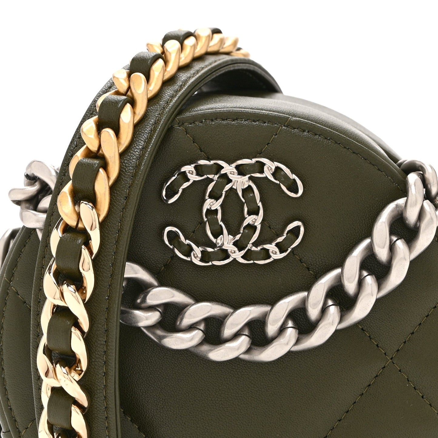 Lambskin Quilted Chanel 19 Round Clutch With Chain Green
