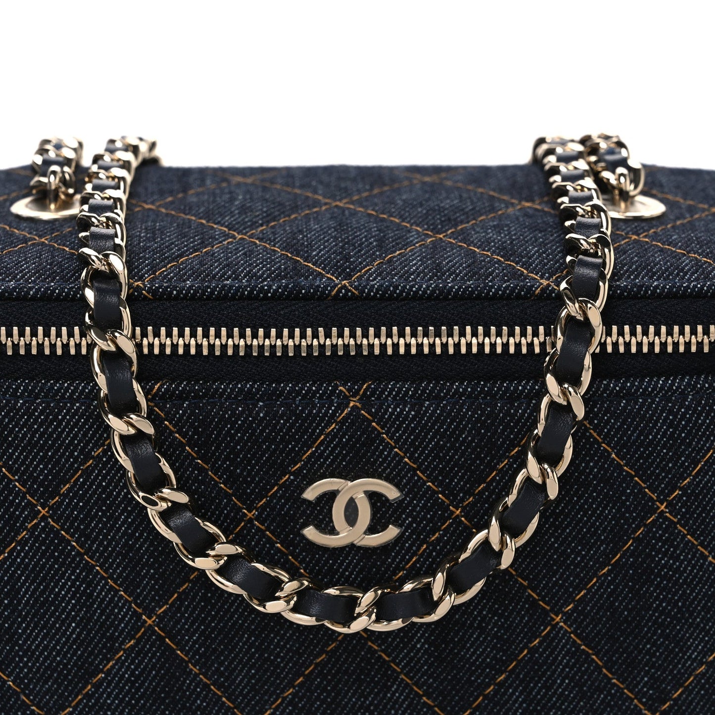 Denim Quilted Small Vanity Case With Chain Dark Blue Orange