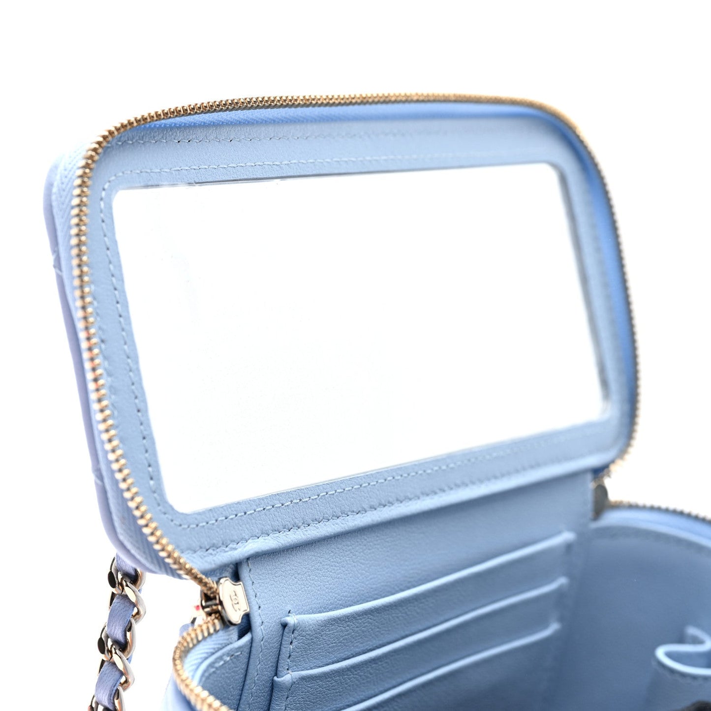 Lambskin Quilted Small Top Handle Vanity Case With Chain Light Blue