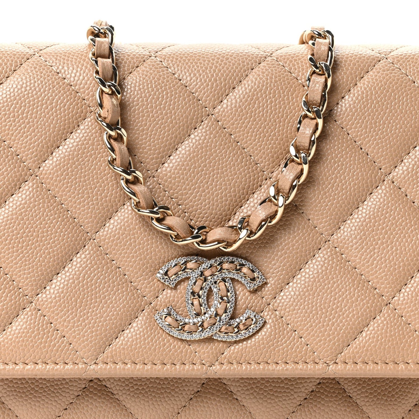 Caviar Quilted Crystal CC Wallet On Chain WOC Beige
