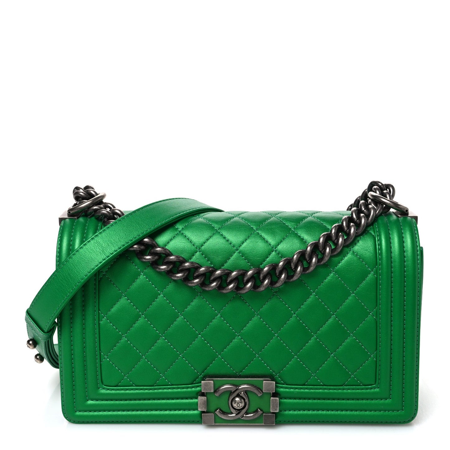 Metallic Calfskin Quilted Medium Boy Flap Green