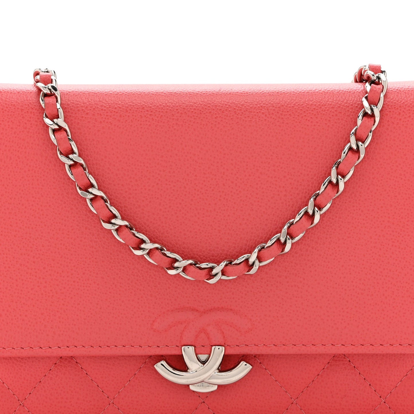 Grained Calfskin Quilted CC Box Wallet On Chain WOC Pink