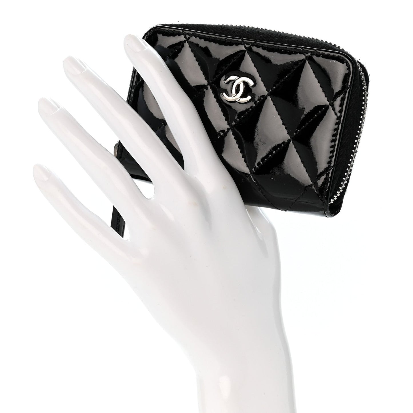 Patent Calfskin Quilted Zip Coin Purse Black