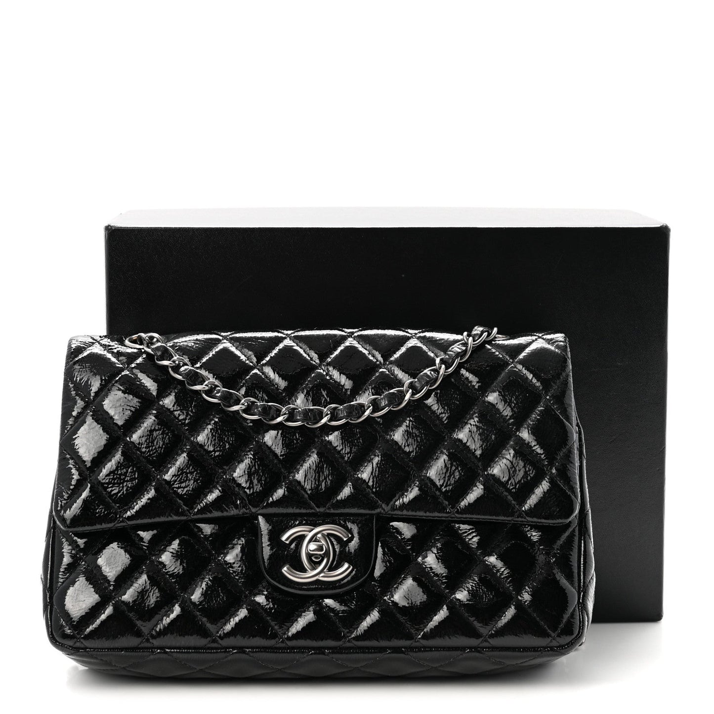 Crumpled Patent Quilted Medium Double Flap Black