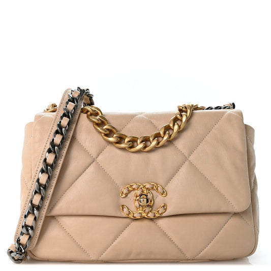 Goatskin Quilted Medium Chanel 19 Flap Light Beige