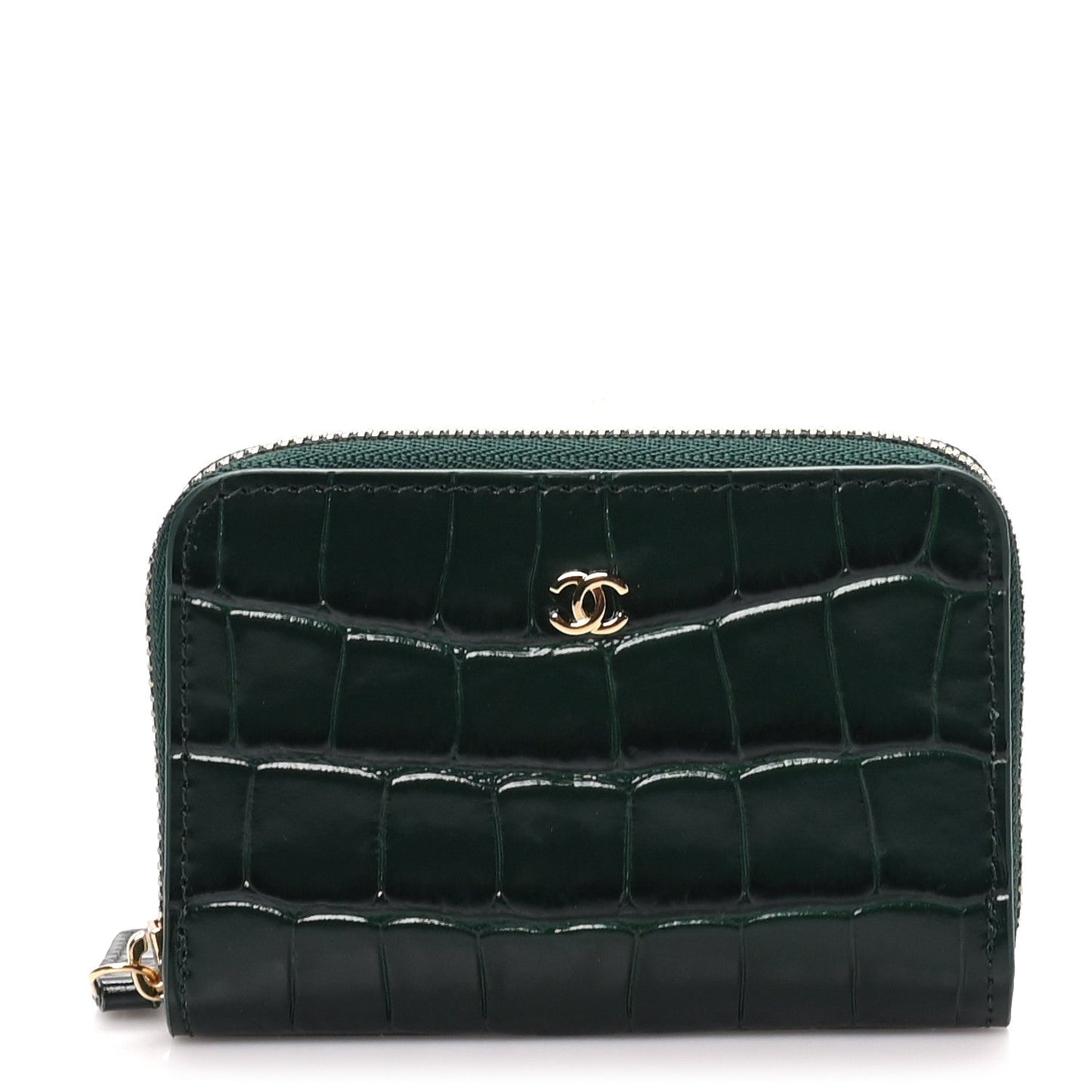Calfskin Crocodile Embossed Crococo Zip Coin Purse Emerald