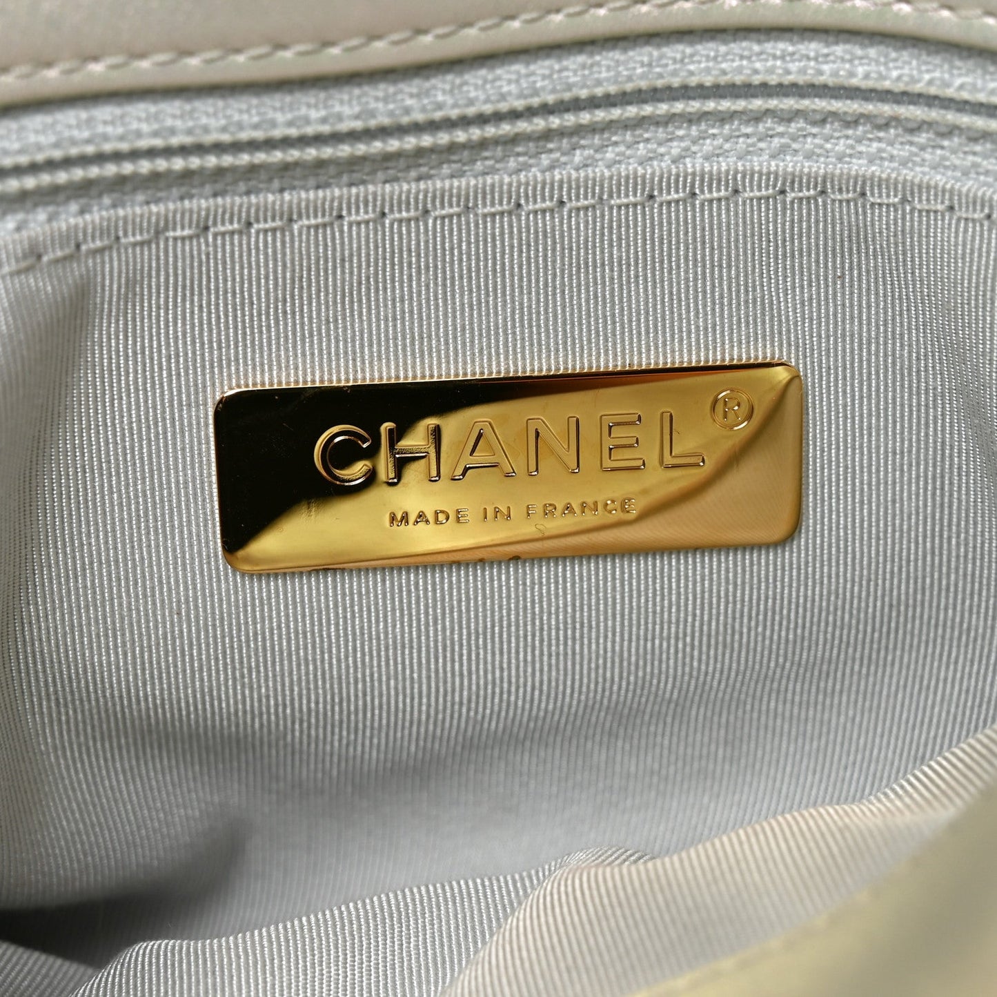Iridescent Calfskin Quilted Large Chanel 19 Flap White