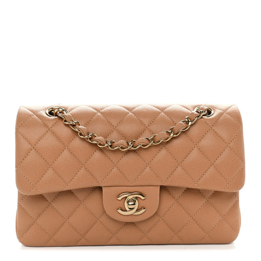 Caviar Quilted Small Double Flap Dark Beige