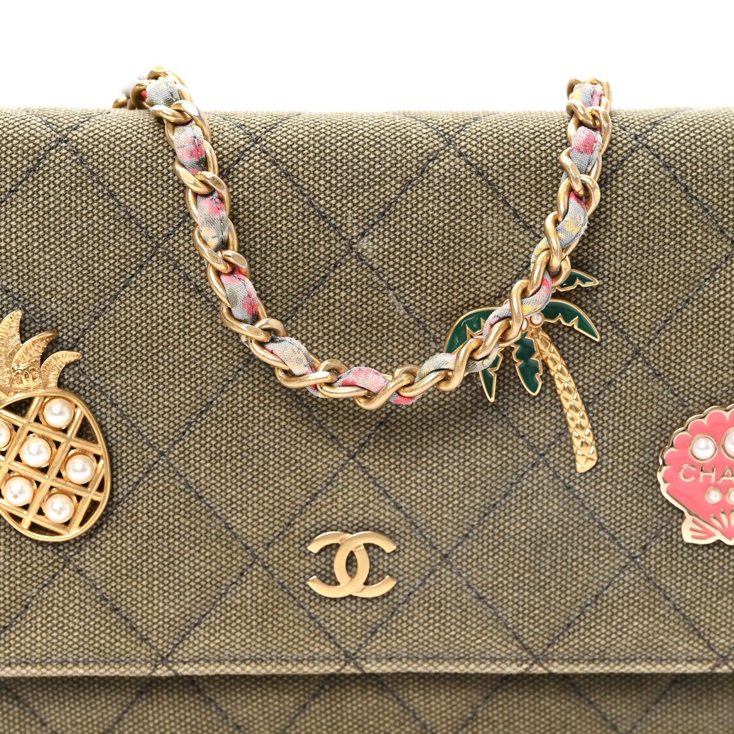 Canvas Quilted Coco Cuba Charms Wallet On Chain WOC Khaki