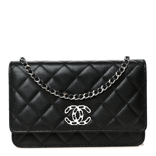 Caviar Quilted Chanel 19 Wallet On Chain WOC Black White