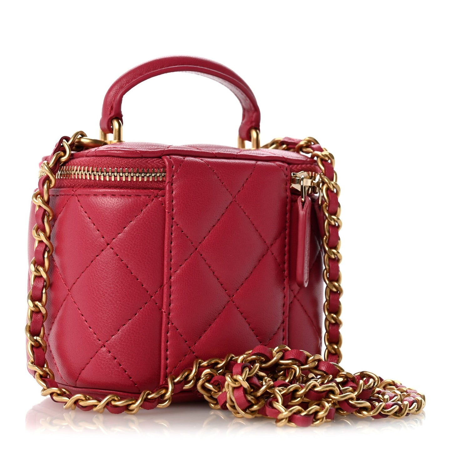 Lambskin Quilted Top Handle Mini Vanity Case With Chain Dark Pink