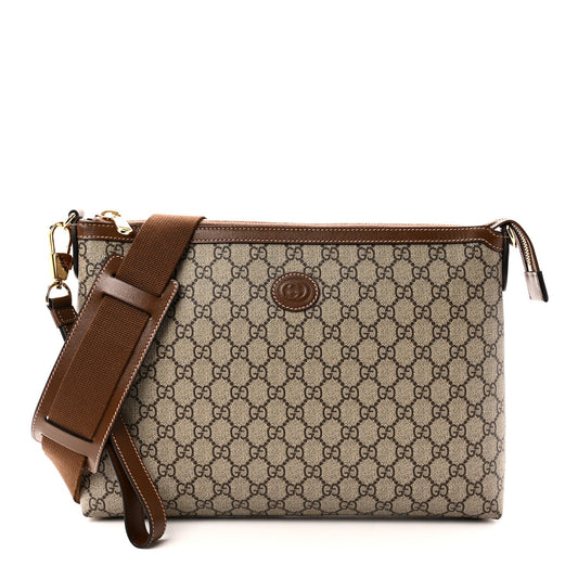 GG Supreme Monogram Azalea Calfskin Retro Interlocking G Wristlet Messenger Bag Beige Ebony Brown Sugar