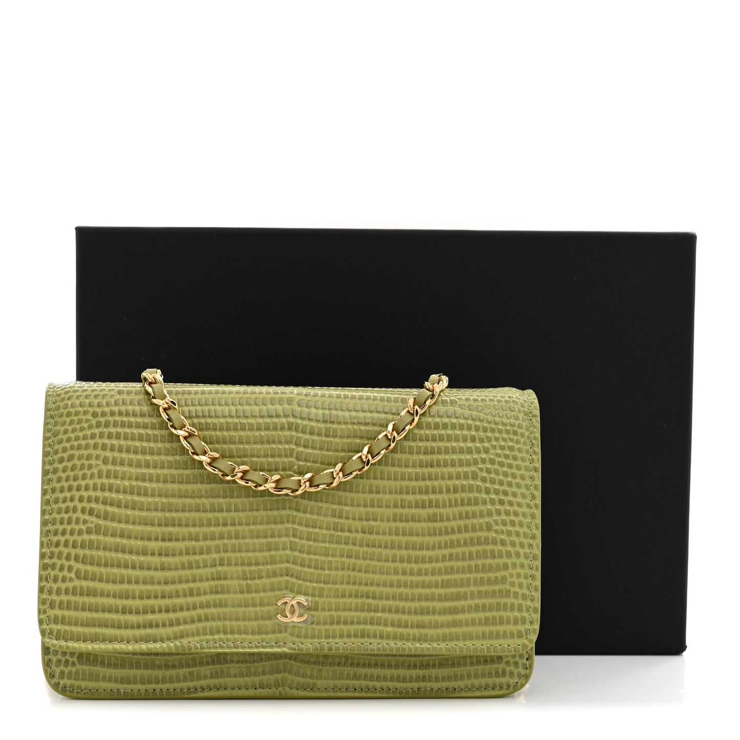 Calfskin Lizard Embossed Wallet On Chain WOC Green