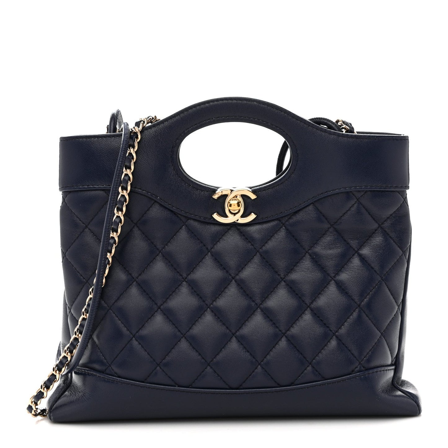 Shiny Crumpled Calfskin Quilted Mini 31 Shopping Bag Navy Blue