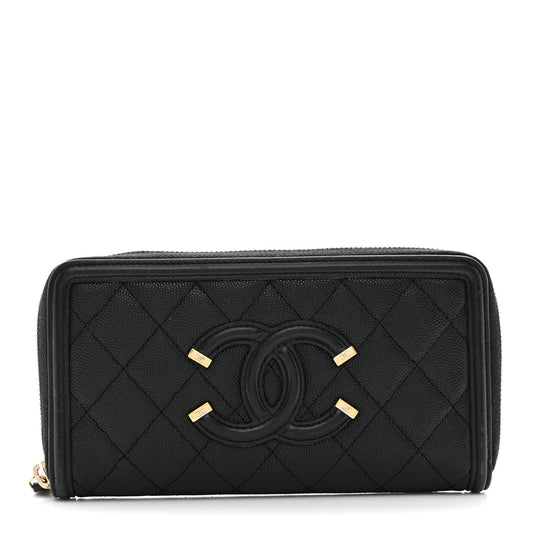 Caviar Quilted Filigree Zip Around Wallet Black