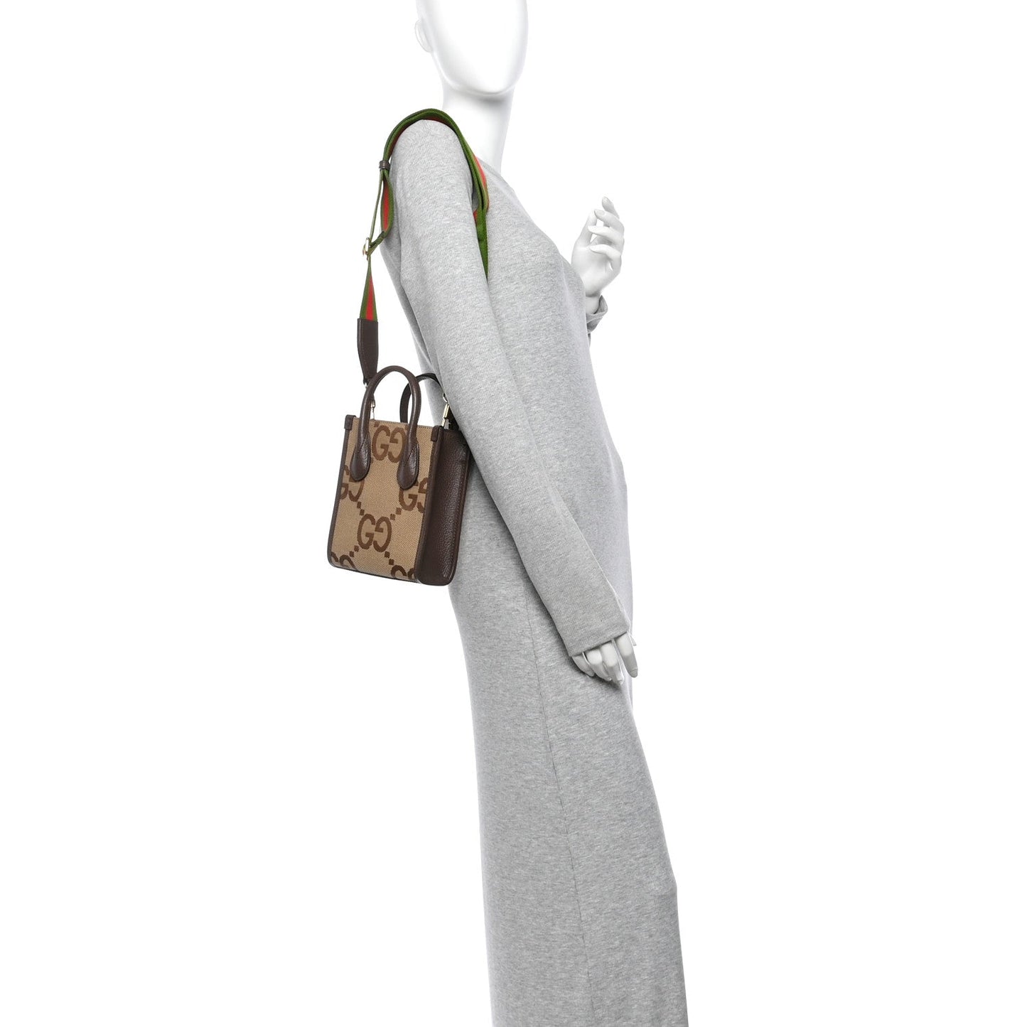 Monogram Jumbo GG Textured Dollar Calfskin Web Mini Vertical Tote Camel Ebony New Acero